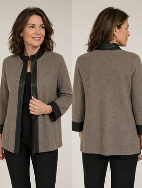 Doncaster 100% Wool Sweater Leather Trim 3/4 sleeve taupe Zipper Cardigan jacket